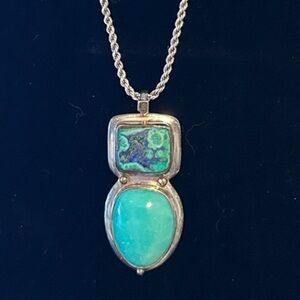 Southwestern turquoise Pendant in 925 Sterling Silver 18” BoHo silver rope chain